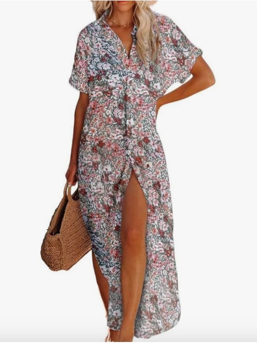Floral Button-Front Maxi Dress with Side Slit - Pink & Green
